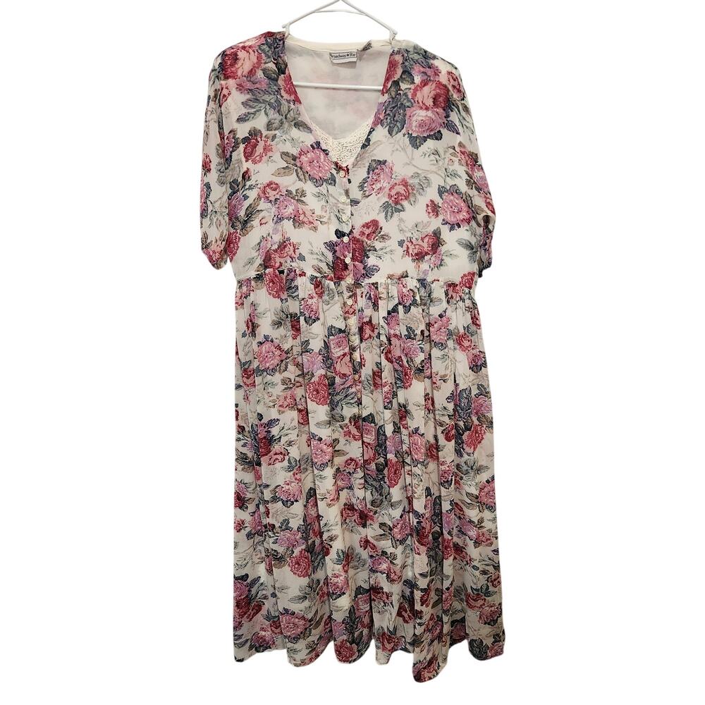 Vintage Broadway Star Pink Floral Button Front Boho Cottage Maxi Dress Sz Small